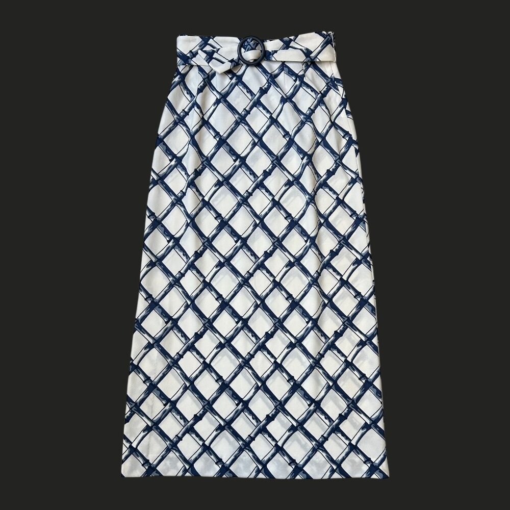 70s Vintage Highwaisted Maxi Skirt Polyester Bamboo Grid Pattern David Smith.